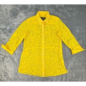 Cheryl Nash Bright Yellow Burnout Floral Button Front Shirt 3/4 Sleeve Small USA